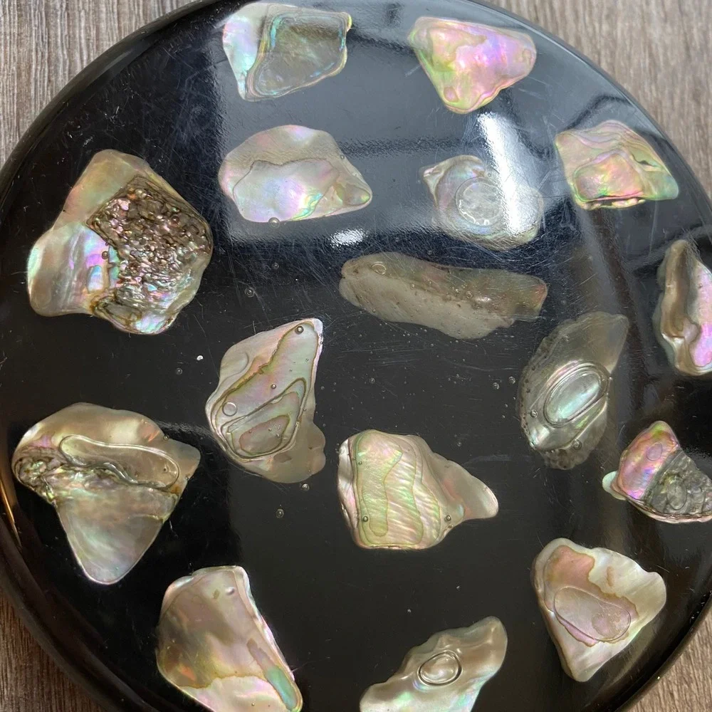 Unique Designs Abalone Shell Resin Trivet Hot Plate Black Round Vintage USA Made